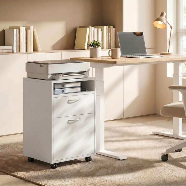 HOMCOM Cassettiera Documenti da Ufficio con 2 Cassetti e 4 Ruote, Maniglie Metallo, Organizzazione Ottimale, 40x35x60 cm, Bianco | Aosom Italy