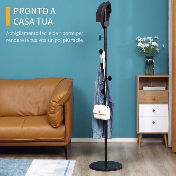 HOMCOM Appendiabiti da Terra con 8 Ganci, Attaccapanni per Ingresso e Camera da Letto in Acciaio con Base in Marmo, 35x35x170cm, Nero|Aosom