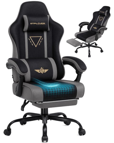 Sedia da gaming GTPLAYER, ergonomica, con rivestimento in tessuto, cuscino imbottito, braccioli regolabili e poggiapiedi, capacità di carico fino a 150 kg, colore grigio