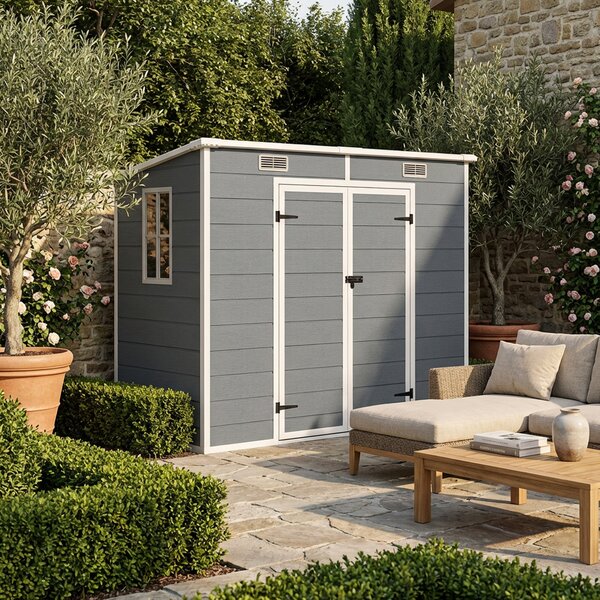 Outsunny Casetta da Giardino in Resina con Pavimento, 2 Porte con Blocco, Finestra, 2.4 x 1.3 m, Grigio | Aosom Italy