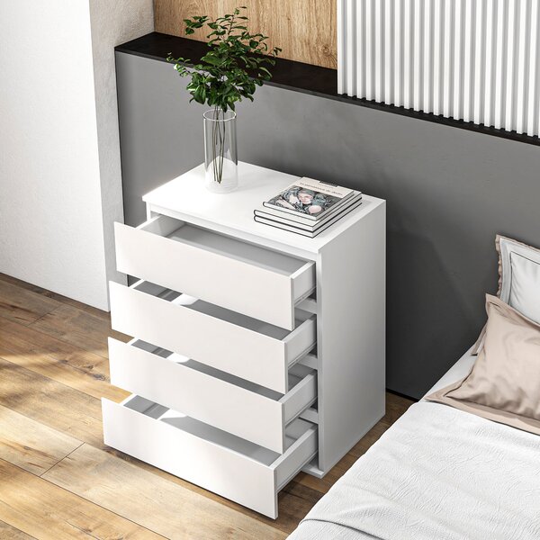 HOMCOM Cassettiera con 4 Cassetti in Legno con Guide in Metallo e Maniglie Scanalate per Camera da Letto, 60x40x80 cm, Bianco | Aosom Italy