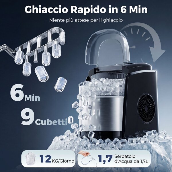 HOMCOM Macchina del Ghiaccio Autopulente da 9 Cubetti in 6-12 Minuti, in PP e Acciaio Inox, 24.2x35.3x33 cm, Nera|Aosom