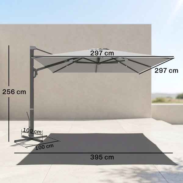 Outsunny Ombrellone a Sbalzo con Manovella e Base a Croce, in Poliestere, Alluminio e Metallo, 365x297x256 cm, Grigio Chiaro