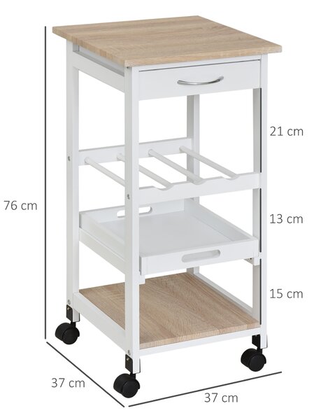 HOMCOM Carrello da servizio carrello da cucina a ruote 2 ripiani + piano estraibile + cassetto legno di pino bianco quercia chiara