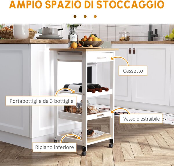 HOMCOM Carrello da servizio carrello da cucina a ruote 2 ripiani + piano estraibile + cassetto legno di pino bianco quercia chiara