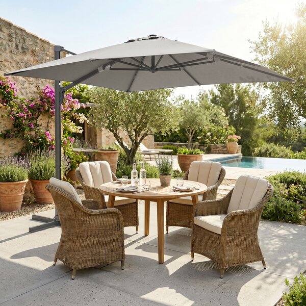 Outsunny Ombrellone a Sbalzo con Manovella e Base a Croce, in Poliestere, Alluminio e Metallo, 365x297x256 cm, Grigio Chiaro