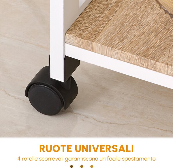 HOMCOM Carrello da servizio carrello da cucina a ruote 2 ripiani + piano estraibile + cassetto legno di pino bianco quercia chiara
