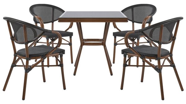 Set da pranzo da giardino a 4 posti con tavolo quadrato in legno scuro con struttura in alluminio e sedie impilabili nere Beliani