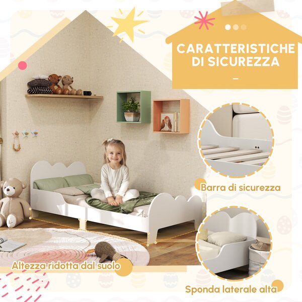 AIYAPLAY Letto per bambini letto a terra bambino 70x140 cm con sponda di sicurezza, doghe incluse e decorazioni a nuvola, bianco