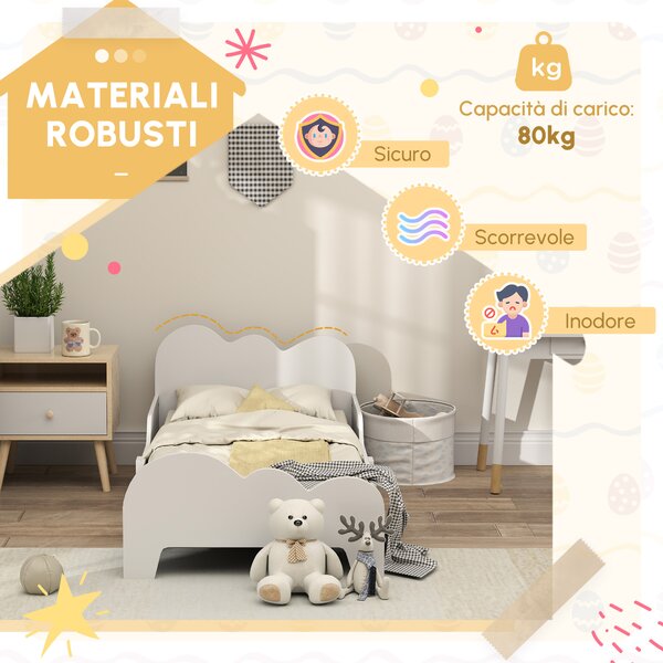 AIYAPLAY Letto per bambini letto a terra bambino 70x140 cm con sponda di sicurezza, doghe incluse e decorazioni a nuvola, bianco