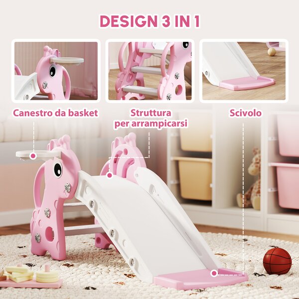 AIYAPLAY Scivolo bambini 3-in-1 a forma di giraffa con canestro e pallone, 106×51,5×52 cm, rosa | Aosom Italy