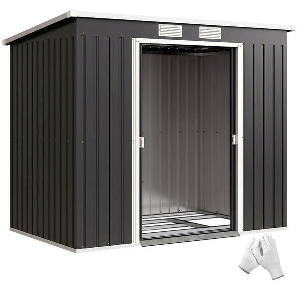 Outsunny Capanno Attrezzi con Tetto Inclinato, 2 Ingressi e Prese d'Aria, in Acciaio, 213x130x172 cm, Grigio Scuro | Aosom Italy