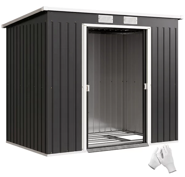 Outsunny Capanno Attrezzi con Tetto Inclinato, 2 Ingressi e Prese d'Aria, in Acciaio, 213x130x172 cm, Grigio Scuro | Aosom Italy