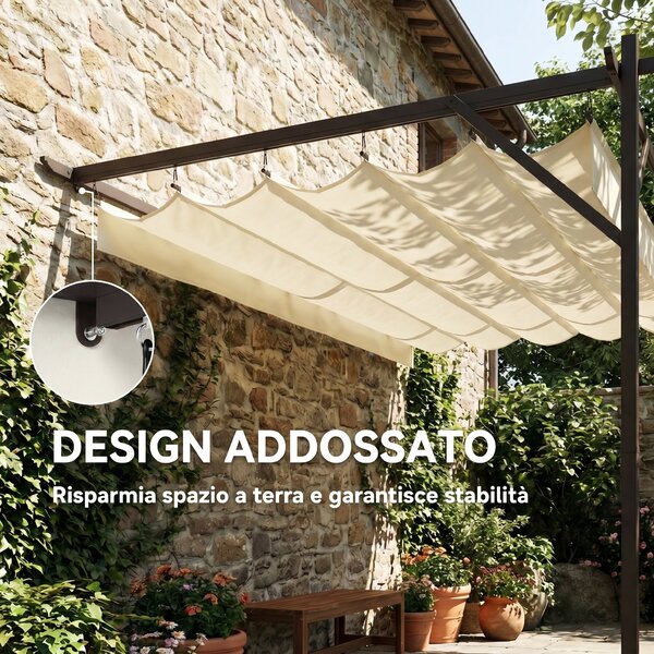 Outsunny Gazebo Pergola Addossata 3x3 m con Tetto Scorrevole e Fori di Drenaggio, Crema | Aosom Italy