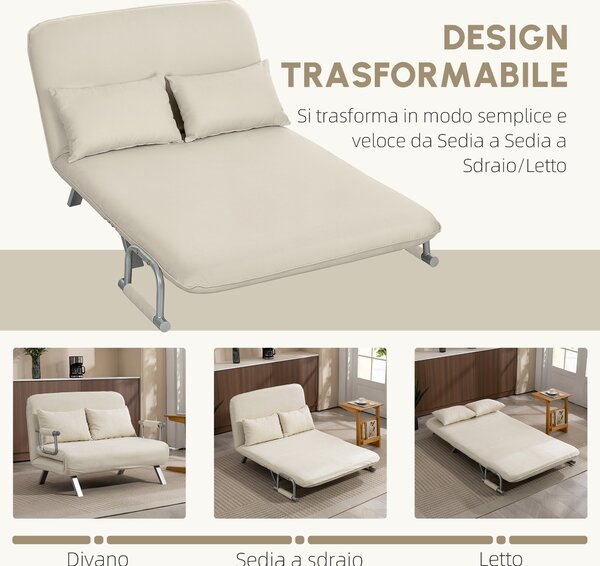 HOMCOM Divano letto 2 posti con schienale regolabile e 2 cuscini, rivestimento in tessuto effetto scamosciato, Beige | Aosom Italy