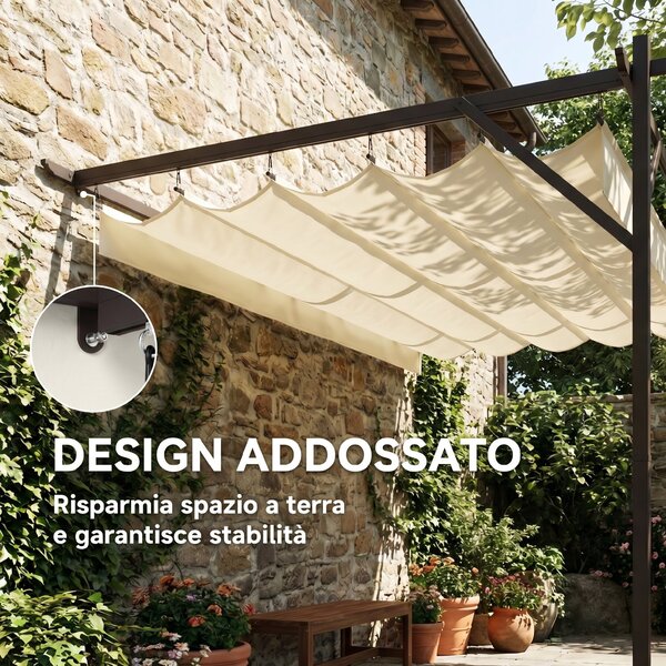 Outsunny Gazebo Pergola Addossata 3x4 m con Tetto Retrattile Scorrevole e Fori di Drenaggio, Bianco Crema | Aosom Italy