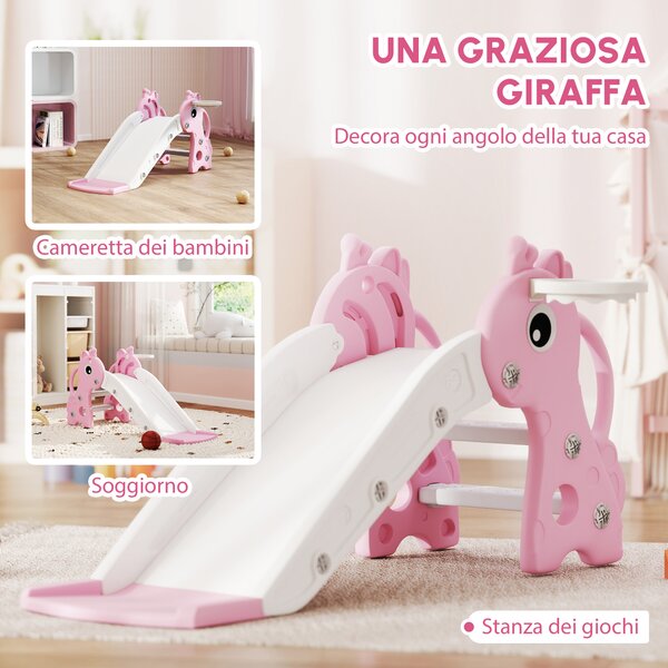 AIYAPLAY Scivolo bambini 3-in-1 a forma di giraffa con canestro e pallone, 106×51,5×52 cm, rosa | Aosom Italy