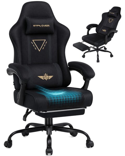 Sedia da gaming GTPLAYER, ergonomica, con rivestimento in tessuto, cuscino imbottito a molle, braccioli regolabili e poggiapiedi, capacità di carico fino a 150 kg