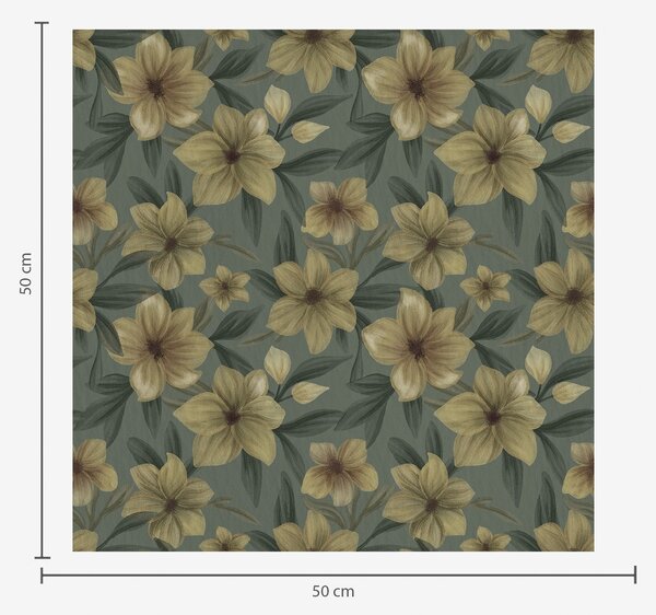 Carta da parati Fiori ocra su sfondo verde intenso, motivo fitto, Parati fiori e piante classici, a00628 : Uwalls.it