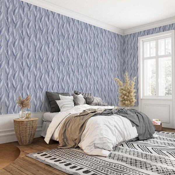 Carta da parati Foglie blu-argento su sfondo grigio-blu, motivo grafico, Parati natura classici, Parati natura foglie classici, a00627 : Uwalls.it
