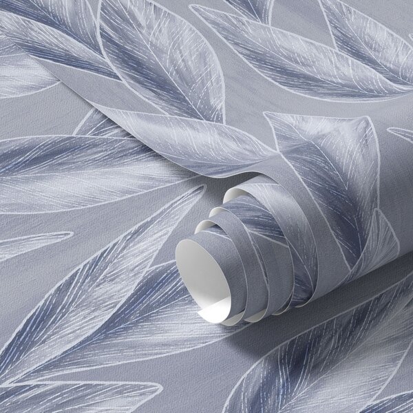 Carta da parati Foglie blu-argento su sfondo grigio-blu, motivo grafico, Parati natura classici, Parati natura foglie classici, a00627 : Uwalls.it