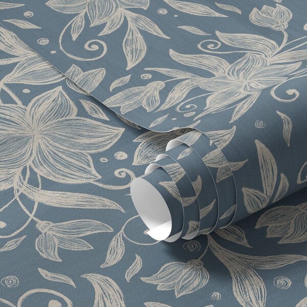 Carta da parati Fiori lineari color crema su sfondo blu, delicati riccioli, Parati fiori e piante classici, a00630 : Uwalls.it
