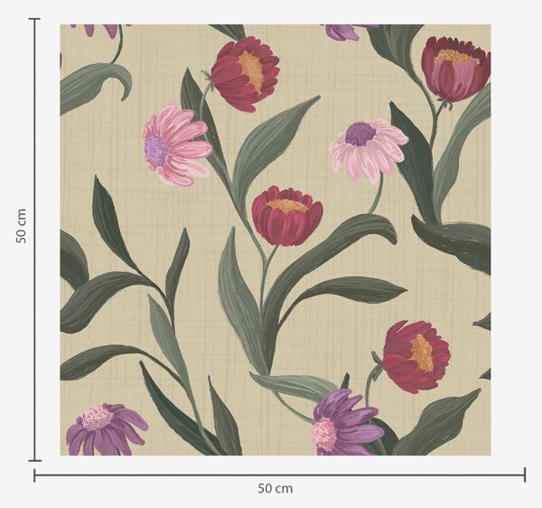 Carta da parati Fiori rosa-rossi su sfondo beige, texture disegnata a mano, Parati fiori e piante classici, a00631 : Uwalls.it