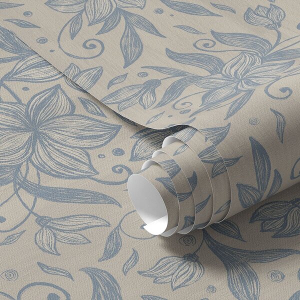 Carta da parati Motivo floreale lineare blu su beige caldo, Parati fiori e piante classici, a00630v2 : Uwalls.it