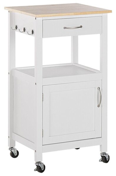 Carrello da Cucina Bianco e Legno Chiaro Piano MDF 48 x 39 x 89 cm Armadio Porta Asciugamani Posate Cassetti Ruote Beliani