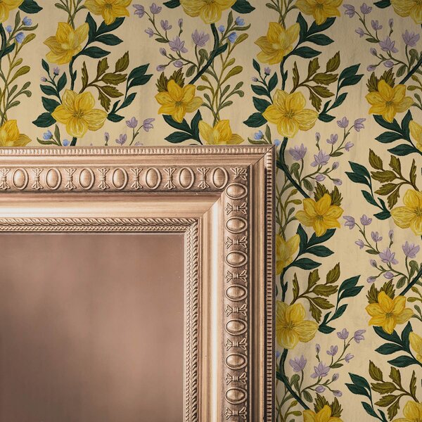 Carta da parati Fiori gialli in ghirlande verticali su sfondo color crema, Parati fiori e piante classici, a00632 : Uwalls.it