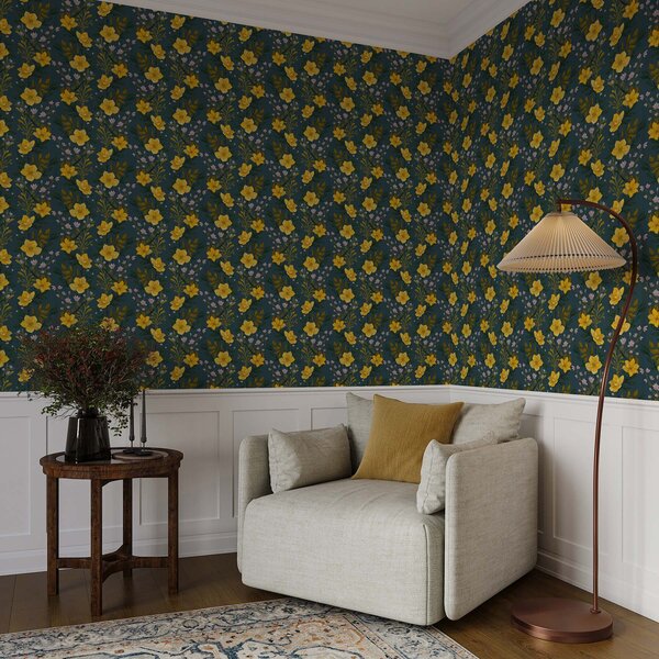 Carta da parati Fiori gialli in ghirlande verticali su sfondo blu scuro, Parati fiori e piante classici, a00632v2 : Uwalls.it