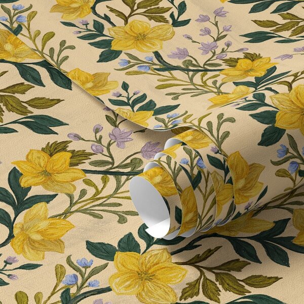 Carta da parati Fiori gialli in ghirlande verticali su sfondo color crema, Parati fiori e piante classici, a00632 : Uwalls.it