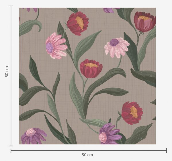 Carta da parati Fiori rosa-rossi su sfondo tortora, steli lunghi, Parati fiori e piante classici, a00631v2 : Uwalls.it