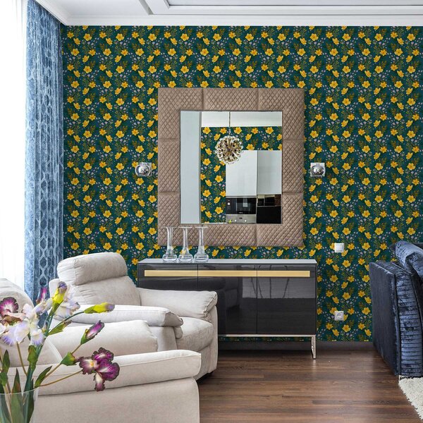 Carta da parati Fiori gialli in ghirlande verticali su sfondo blu scuro, Parati fiori e piante classici, a00632v2 : Uwalls.it