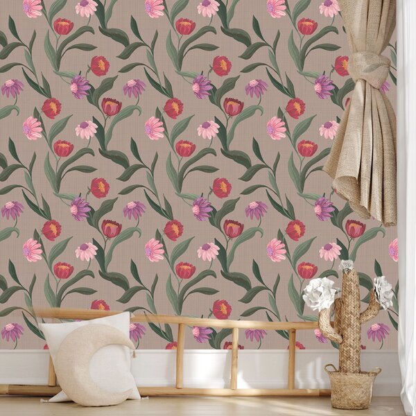 Carta da parati Fiori rosa-rossi su sfondo tortora, steli lunghi, Parati fiori e piante classici, a00631v2 : Uwalls.it