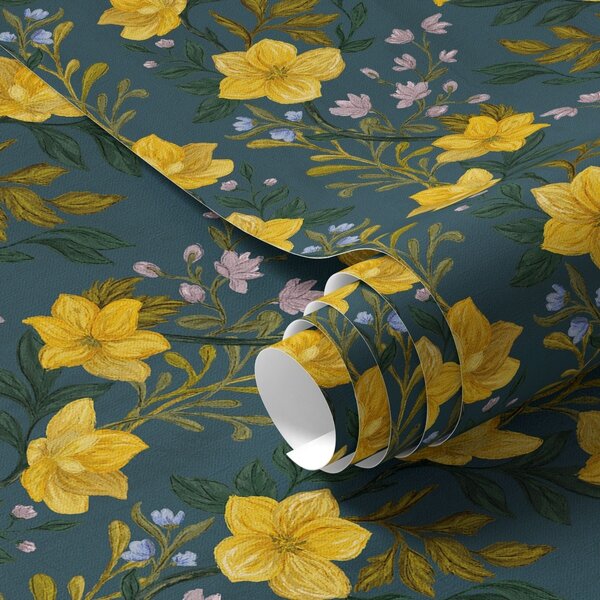 Carta da parati Fiori gialli in ghirlande verticali su sfondo blu scuro, Parati fiori e piante classici, a00632v2 : Uwalls.it