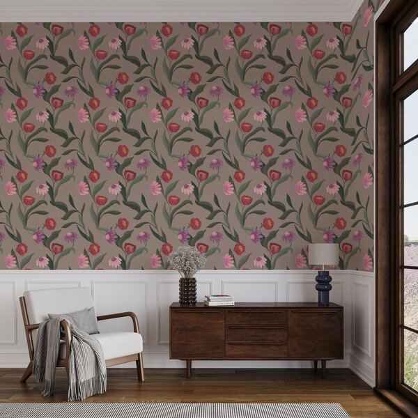 Carta da parati Fiori rosa-rossi su sfondo tortora, steli lunghi, Parati fiori e piante classici, a00631v2 : Uwalls.it