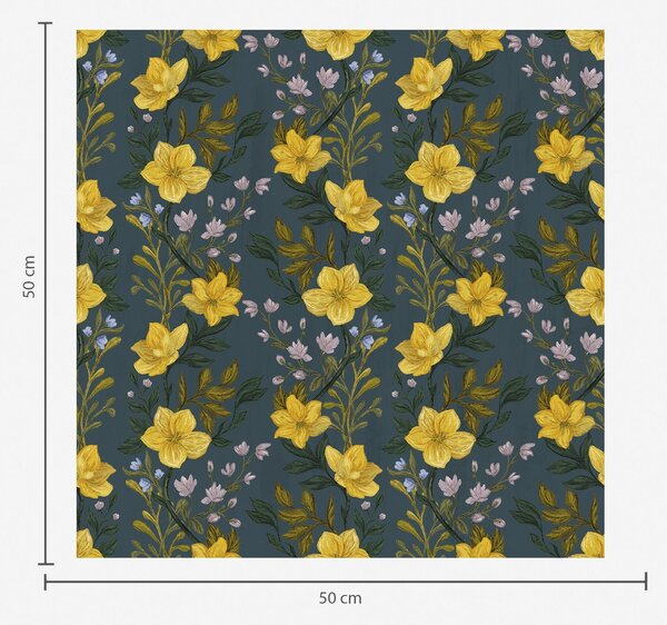 Carta da parati Fiori gialli in ghirlande verticali su sfondo blu scuro, Parati fiori e piante classici, a00632v2 : Uwalls.it