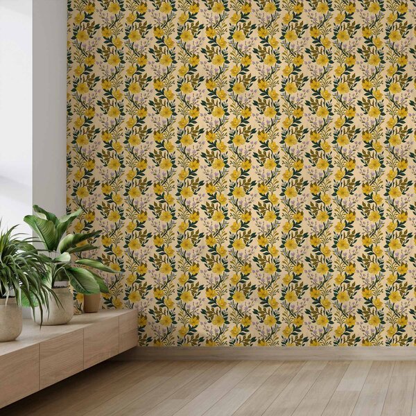 Carta da parati Fiori gialli in ghirlande verticali su sfondo color crema, Parati fiori e piante classici, a00632 : Uwalls.it