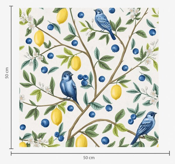Carta da parati Uccellini blu, limoni e bacche su sfondo bianco, Parati fiori e piante classici, a00668 : Uwalls.it