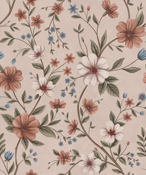 Carta da parati Fiori rosa corallo e fogliame su sfondo rosa antico, Parati fiori e piante classici, a00667 : Uwalls.it