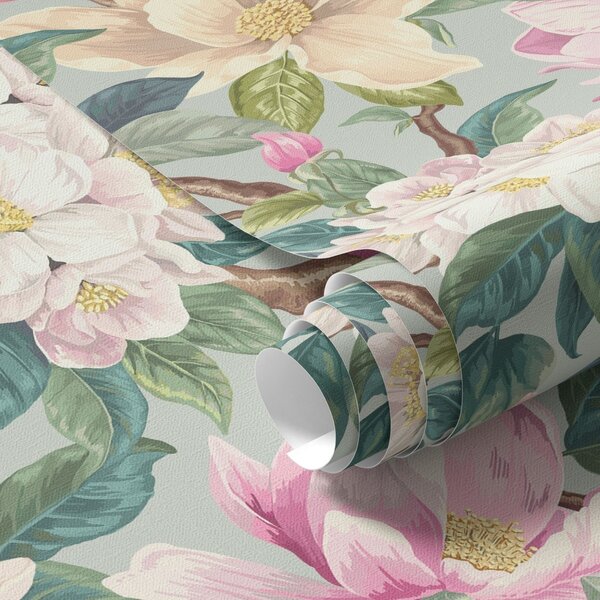 Carta da parati Magnolie e fiori bianchi su sfondo grigio menta, Parati fiori e piante classici, a00644 : Uwalls.it