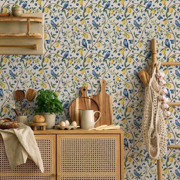 Carta da parati Uccellini blu, limoni e bacche su sfondo bianco, Parati fiori e piante classici, a00668 : Uwalls.it