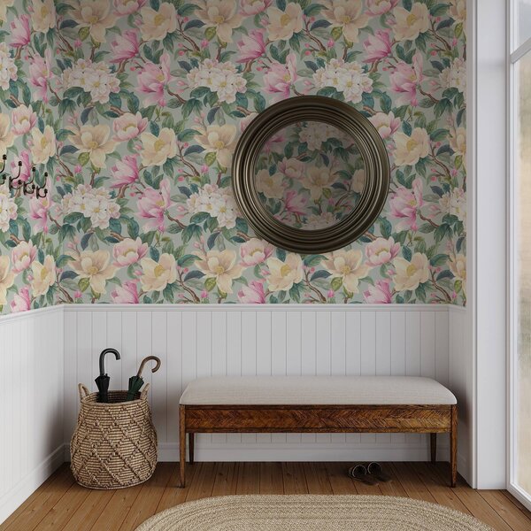 Carta da parati Magnolie e fiori bianchi su sfondo grigio menta, Parati fiori e piante classici, a00644 : Uwalls.it