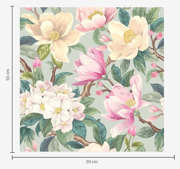 Carta da parati Magnolie e fiori bianchi su sfondo grigio menta, Parati fiori e piante classici, a00644 : Uwalls.it