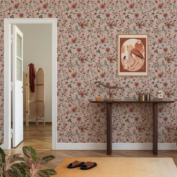 Carta da parati Fiori rosa corallo e fogliame su sfondo rosa antico, Parati fiori e piante classici, a00667 : Uwalls.it