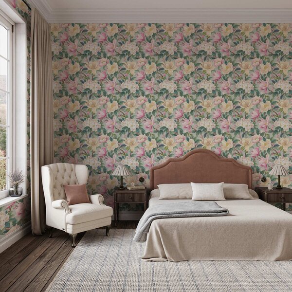 Carta da parati Magnolie e fiori bianchi su sfondo grigio menta, Parati fiori e piante classici, a00644 : Uwalls.it