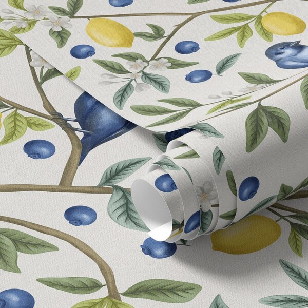 Carta da parati Uccellini blu, limoni e bacche su sfondo bianco, Parati fiori e piante classici, a00668 : Uwalls.it