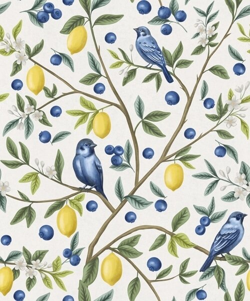 Carta da parati Uccellini blu, limoni e bacche su sfondo bianco, Parati fiori e piante classici, a00668 : Uwalls.it