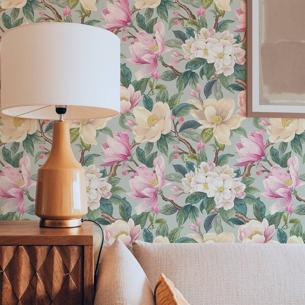 Carta da parati Magnolie e fiori bianchi su sfondo grigio menta, Parati fiori e piante classici, a00644 : Uwalls.it